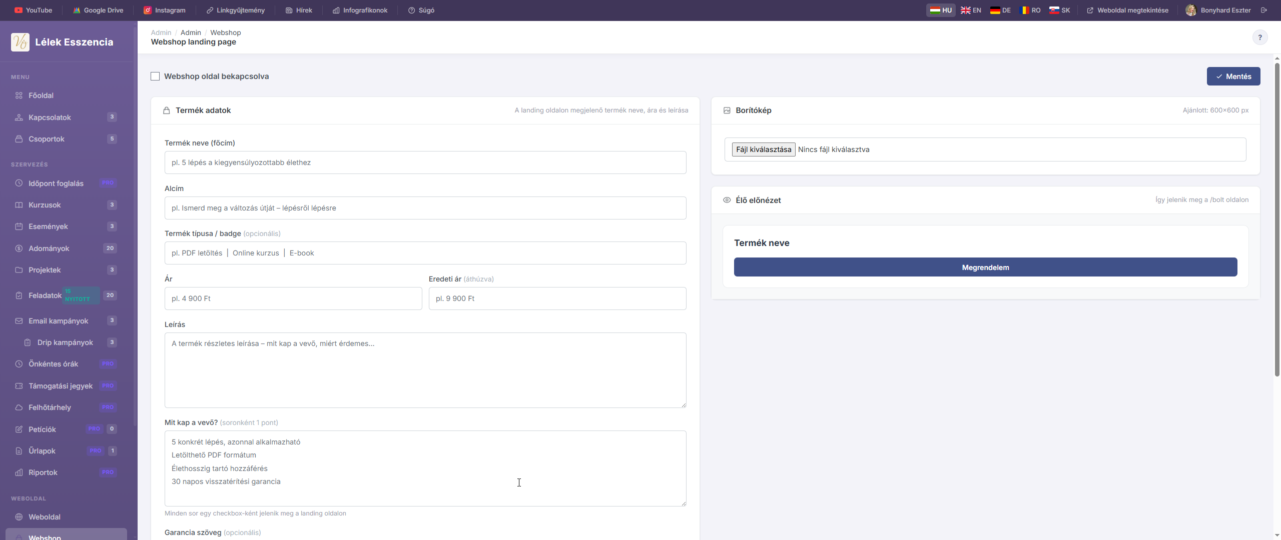 Webshop admin áttekintés